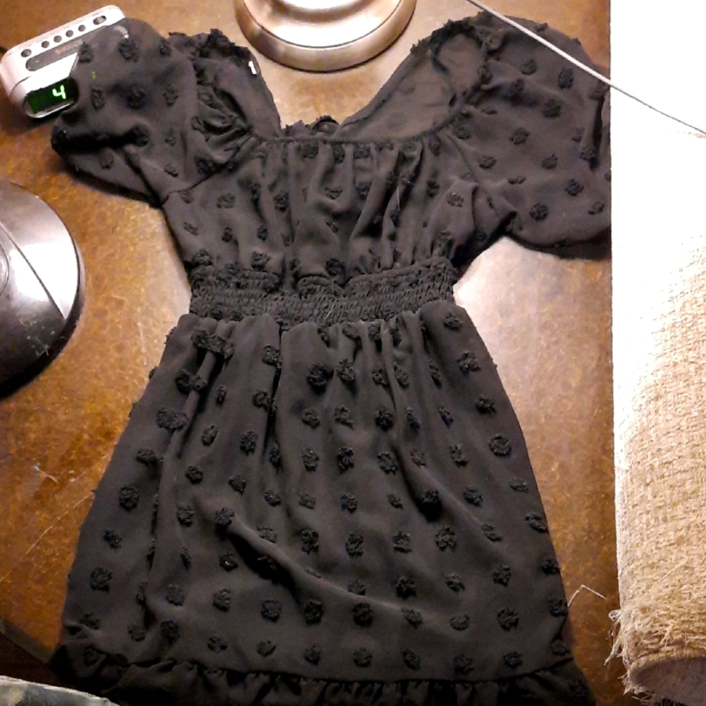 Black Textured Puff Sleeve Dress